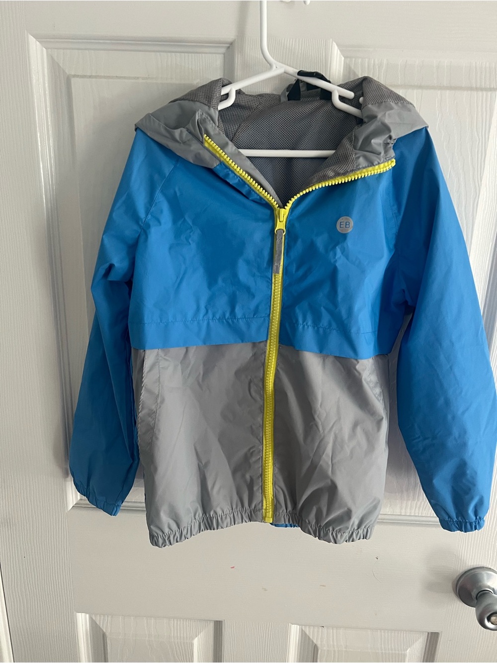 Eddie Bauer Blue and Gray Kids Hooded Rain Jacket with Yellow Zipper